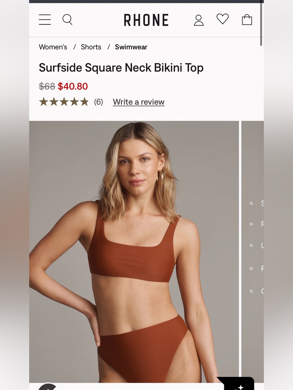 NWT RHONE Surfside Square Neck Bikini Top - Terracota
